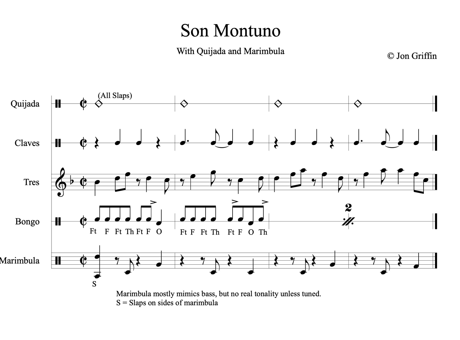 Score for the son montuno demo: quijada, claves, tres, bongo and marimbula.